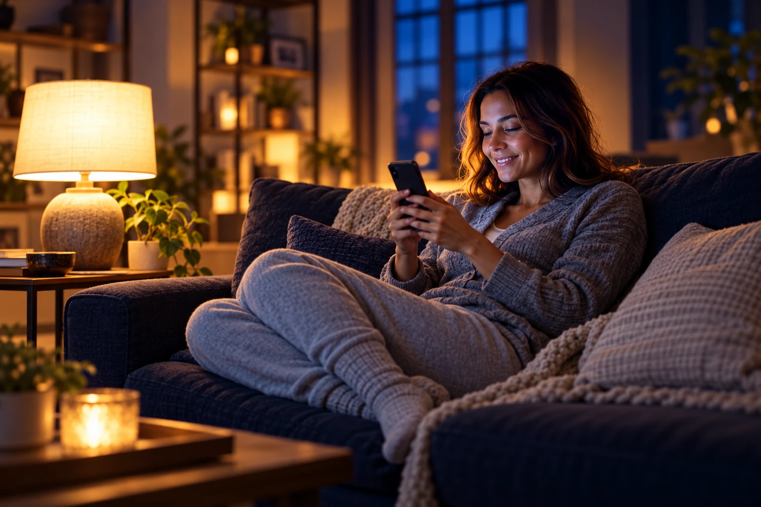 A homeowner relaxing on her couch while reading a helpful message on her phone